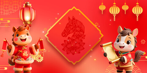 Adorable horse cartoon characters in traditional Chinese attire celebrating the 2026 Chinese New Year with red lanterns and scrolls, set against a vibrant red background with gold accents. © DH Tree Stock