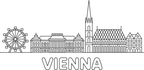 Fototapeta premium Vienna skyline vector outline illustration with iconic buildings prater ferris wheel