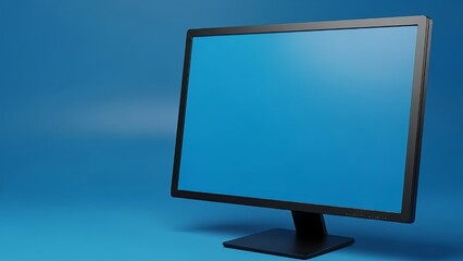 Modern computer monitor with a blank blue screen isolated on a solid blue background perfect for mockups and digital displays