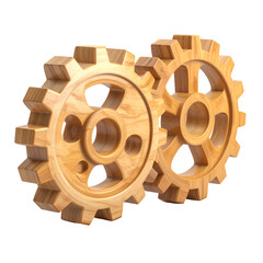 Two wooden gears interlocked, showcasing a detailed, realistic texture against a black background