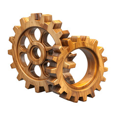 Two interlocked wooden gears in a 3D perspective, showcasing intricate details