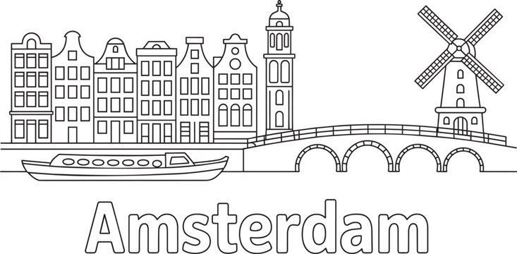 Detailed Amsterdam skyline line art vector showing historic canal buildings bridge and boat