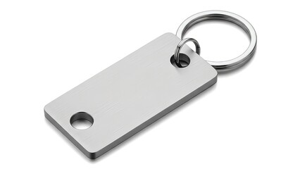 Blank metal keychain tag with ring a simple rectangular fob for key identification isolated on white background for design mockup