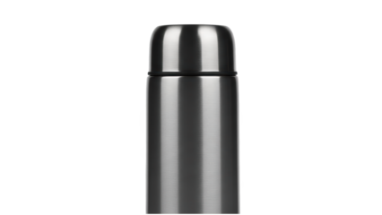 A sleek silver thermos on transparent background for commercial use in advertising and marketing materials