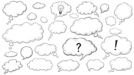 A collection of white thought bubbles on a black background on transparent background