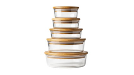 A stack of glass food storage containers with wooden lids on transparent background