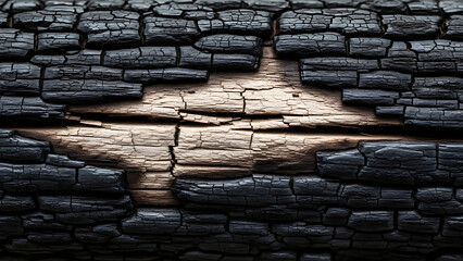 Macro texture of charred and burnt wood with cracked black charcoal surface revealing light inner timber