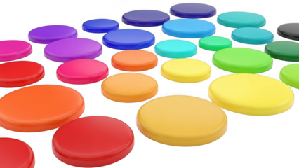 Vibrant circular discs in various colors isolated on transparent background