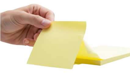 A hand holding a yellow sticky note on transparent background