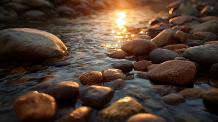 A serene stream flows over smooth wet stones with golden sunlight reflecting on the water s surface at twilight