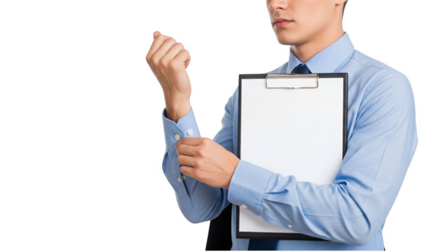 A businessman in a blue shirt and tie holding a clipboard on transparent background - Powered by Adobe