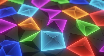Abstract geometric pattern glowing neon triangles vibrant colorful background digital futuristic technology art design