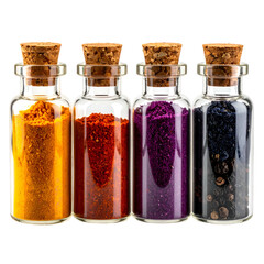 Four small glass jars filled with colorful spices, each capped with a cork stopper