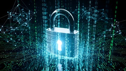 Secure digital padlock with glowing keyhole on circuit board background