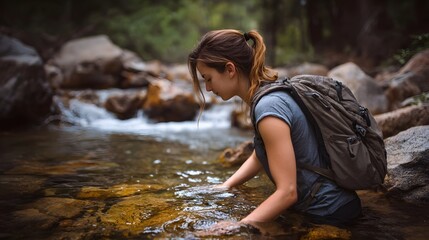 Fototapeta premium A young female hiker with a backpack touches the clear flowing water of a rocky stream in a serene natural environment