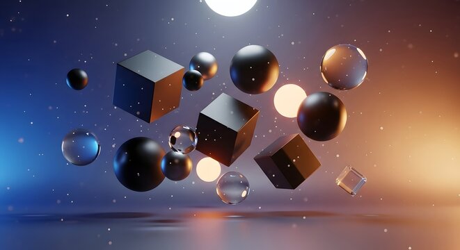 Abstract geometric shapes floating in space with glowing orbs and particles against a blue orange gradient background - Powered by Adobe