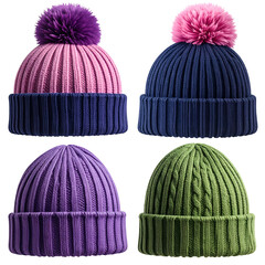 Four different colored ribbed knit beanies with pom-poms