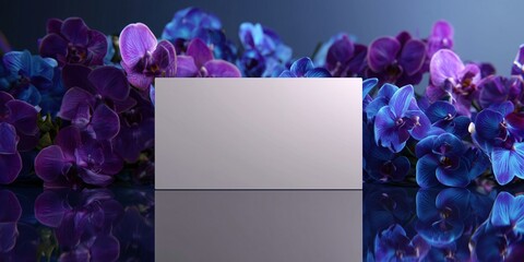 A blank, oversized gift voucher mockup, floating above a reflective surface, mirrored by an array of deep purple and electric blue orchids