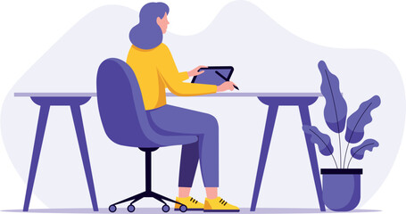 Fototapeta premium Happy woman working online abstract concept. Young Female character sitting at desk and working on laptop.