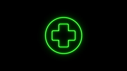 Fototapeta premium Green glowing cross symbol on black background circle