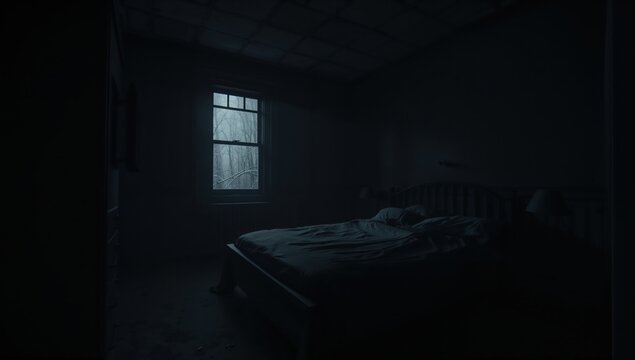 Cinematic Shot of a Lonely and Depressing Bedroom Scene with Low Key Lighting and Moody Ambience