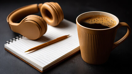 Closed beige laptop with notebook and coffee cup on black surface, ideal for workspaces