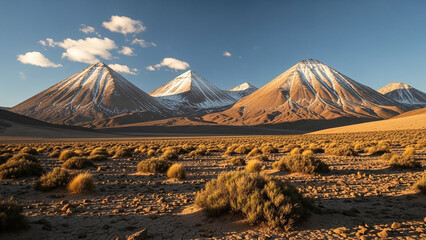 Breathtaking desert landscape with snow-capped mountains at golden hour, warm sunlight casting long shadows across rugged terrain and sparse vegetation under clear blue sky
