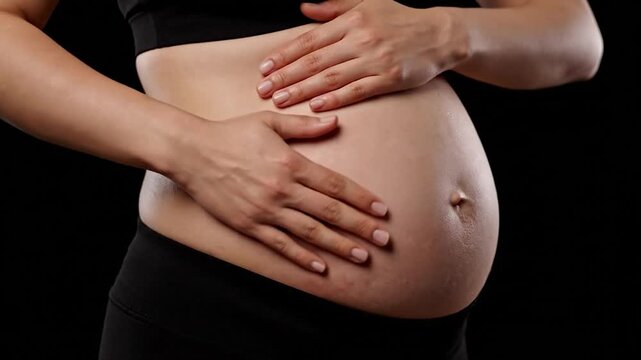 Close-up of pregnant abdomen. Hands gently touching the skin, revealing stretch marks. Black background