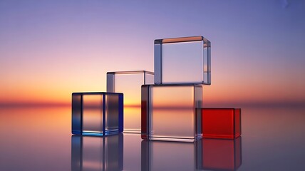 Transparent geometric blocks reflecting sunset colors