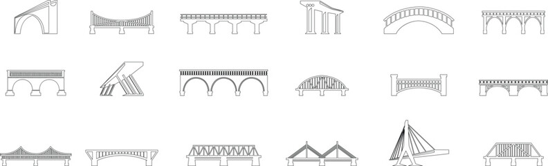 Bridge icons set collection with arch suspension truss viaduct structures in line style, transportation infrastructure outline illustration group for city map UI design