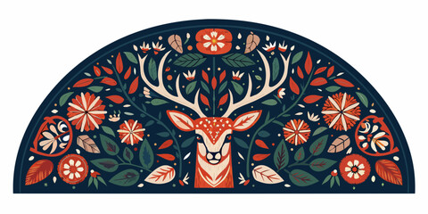 A decorative arch featuring a reindeer head surrounded by floral and foliage elements © Rathin