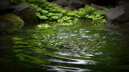 Fototapeta premium Close up view of a vibrant green brook with ripples surrounded by lush foliage and dark rocks