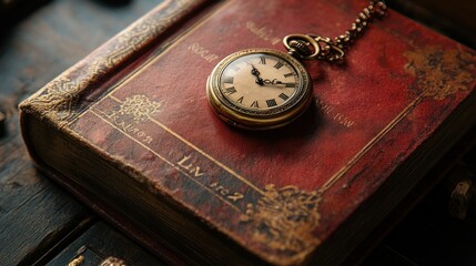 Antique pocket watch on old book vintage timepiece still life
