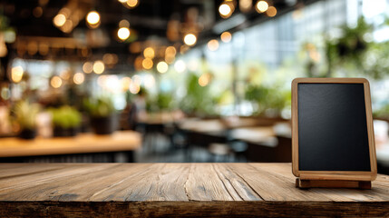 The menu on the table in the restaurant with blurred background. Design template or mockup with copyspace