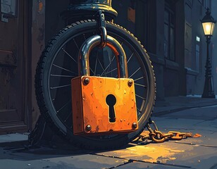 Surreal digital art of a giant weathered padlock securing a bicycle wheel in a night city. A metaphor for extreme security and safety, ideal for insurance and urban protection themes.