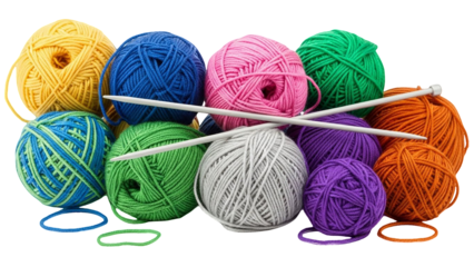 Colorful yarn balls and knitting needles  isolated on transparent background