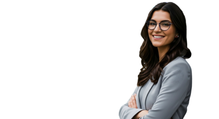 Confident businesswoman with glasses smiling and looking forward isolated on transparent background