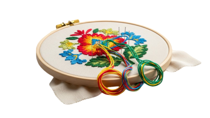 Vibrant floral embroidery artwork in progress  isolated on transparent background
