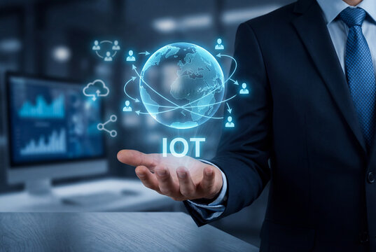 Businessman holding a glowing holographic globe with IOT text and connectivity icons. Concept of Internet of Things, global networking and digital transformation in high-tech corporate office. - Powered by Adobe