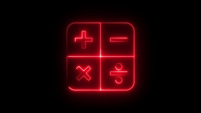 Neon Calculator Icon Animation on Black Background, Looping Math Calculation Symbol with Plus Minus Multiply Divide Buttons, Digital Finance and Accounting UI UX Interface