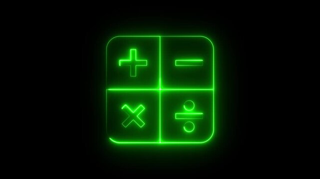 Neon Calculator Icon Animation on Black Background, Looping Math Calculation Symbol with Plus Minus Multiply Divide Buttons, Digital Finance and Accounting UI UX Interface