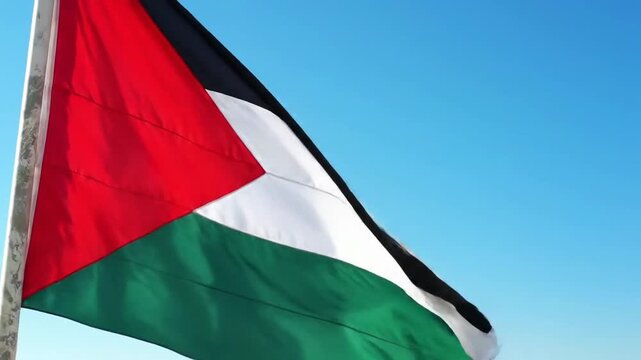 Palestine flag flutters freely, set against a clear sky