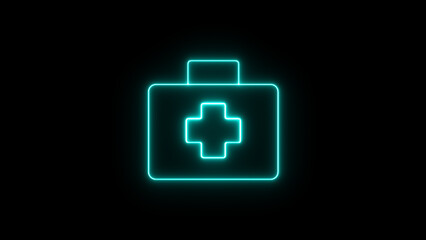 Obraz premium Neon blue medical kit with cross symbol on black background