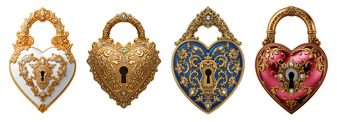 Vintage antique heart-shaped lock with gold and precious stones isolated on transparent background