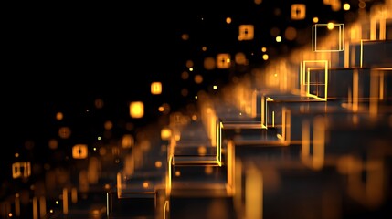 Golden digital squares in a futuristic 3d rendering with glowing orange lights and bokeh effect on a dark background