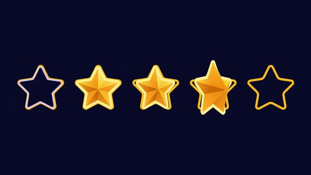 Glowing five-star rating icon animated video, animation video isolated on an alpha channel background. Animated 5-star rating isolated on a transparent black background.
