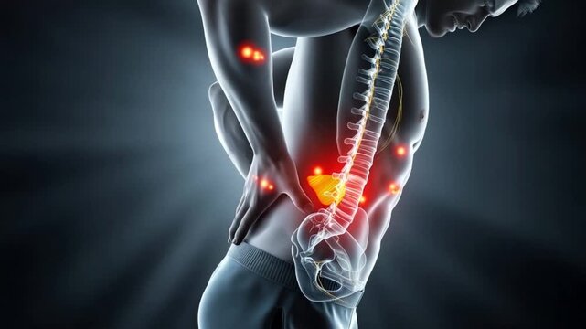 A person experiencing lower back pain highlighted through a digital anatomical representation