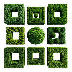 Nine topiary shapes, squares and spheres, with hollowed centers, set against black