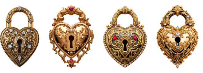Vintage antique heart-shaped lock with gold and precious stones isolated on transparent background