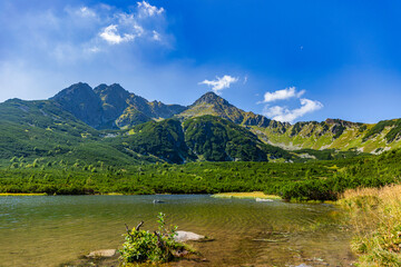 A beautiful scenic view of Velke Biele pleso lake in the High Tatras. Crystal clear water with a grassy peninsula and majestic mountain peaks under a bright blue sky in the Tatra National Park.